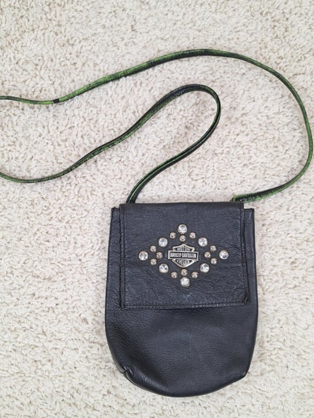 Harley-Davidson Vintage Leather Crossbody Mini Purse Rhinestone Studded Black